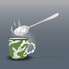 White sugar cubes in spoon with hot water in the cup design illustration