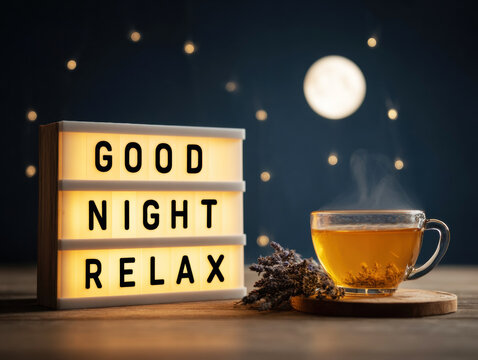 Calming tea and illuminated message board create a serene night atmosphere