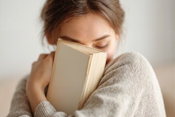 Young woman hugging book on light background