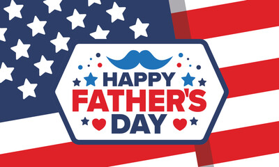 Obraz premium Happy Father’s Day. Honoring dads. Lovely celebration in June. Sweetest family holiday. Party event. Mustache and heart. Blue color. Creative art poster. Vector design