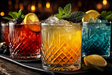 Classic cocktails in glass with ice cubes, lemon and mint for a refreshing party