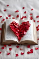 An open book with pages decorated with a red paper heart