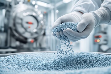 Worker in white gloves handling plastic granules for industrial powder production, featuring stainless steel machinery and bright factory setting.