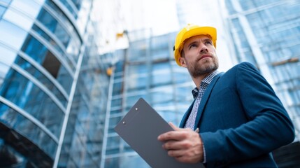Professional male engineer or architect wea yellow safety helmet and formal suit holding a clipboard and looking up at modern city skyscrapers du construction work