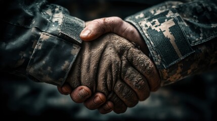 Close Up of Two Soldiers Shaking Hands in Army Uniform Showing Agreement or Partnership in Military Collaboration and Security Cooperation