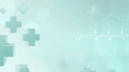 medical healthcare background with heartbeat line ecg pulse wave on mint green gradient with cross symbols
