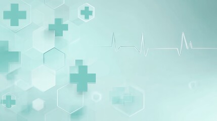 Fototapeta premium medical healthcare abstract background with ecg heartbeat line cross symbols teal mint gradient