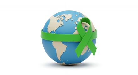World Globe with Green Awareness Ribbon 3D Render on White Background