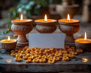 Obraz premium A sacred altar with oil lamps and traditional Indian sweets honoring a spiritual teacher
