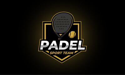 Padel sport team logo. Badge symbol with racket, ball, and gold color for club