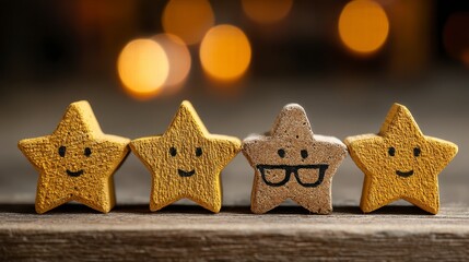 Four star-shaped cookies, three of them gold and one with glasses, arranged on a wooden surface with blurred warm lights in the background, festive and playful atmosphere