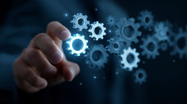 Futuristic digital technology concept featu interconnected glowing gears and cogs representing innovation, automation, and complex enginee solutions in a dark setting