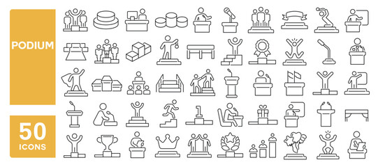 Set of 50 line icons related to podium, lectern, winner, award, speech, presentation, champion, Editable stroke. Vector illustration