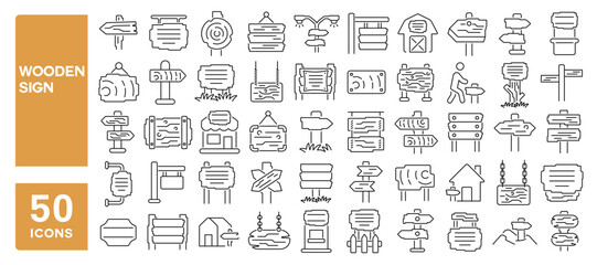 Set of 50 line icons related to wooden sign, board, pointer, signpost, plank, wooden signboard, Editable stroke. Vector illustration