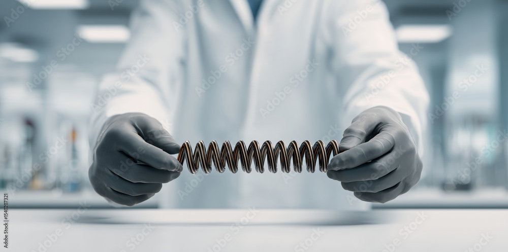 Fototapete A man in a lab coat holds a flexible material demonstrating shape memory properties.