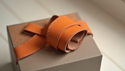 Elegant Gift Box with Orange Leather Strap as a Decorative Bow Closeup Shot