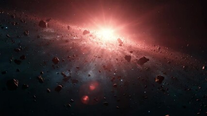 
Asteroid belt in deep space with glowing celestial body. Sci-fi cosmic landscape of a meteorite field orbiting a distant star or sun. Abstract futuristic exploration background.

 - Powered by Adobe