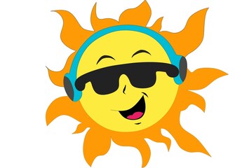 A cheerful and vibrant cartoon illustration of a smiling sun character wearing cool black sunglasses and blue headphones