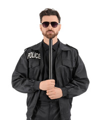 Male police officer with baton isolated on white background