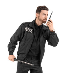 Male police officer with radio transmitter and baton isolated on white background