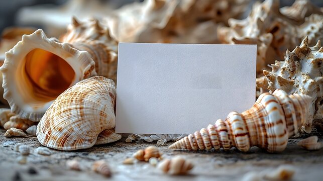 A blank white gift card resting beside seashells on a wooden surface  long title A minimalist composition featuring a blank white gift card placed