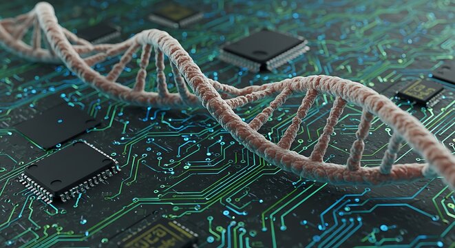 DNA Helix on Circuit Board Illustrates Biotechnology