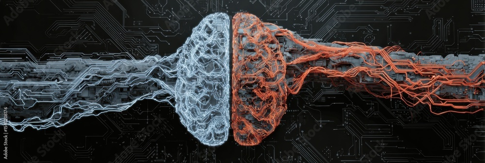 Aufkleber Stylized Circuit Board Blending Into Nerve Structures Showcasing the Merger of Technology and Biology