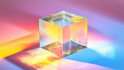 Transparent cube, vibrant light, abstract