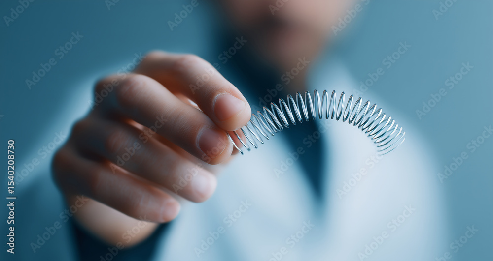 Fototapete A man in a laboratory environment demonstrates a shape memory alloy, holding a flexible, coiled material that adapts to different shapes. This showcases advancements in adaptive technologies.