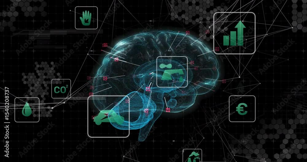 Poster illuminating nodes activating rotating brain, icons fading and connecting signals into integration