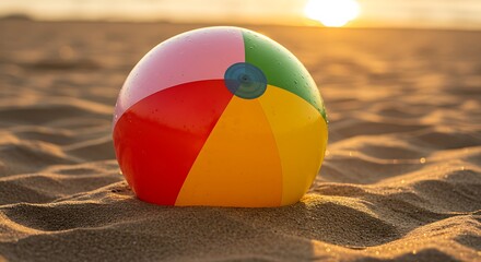Obraz premium Colorful Beach Ball on Golden Sand at Sunset