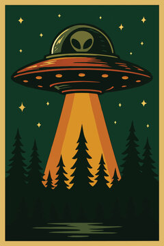 vector art of poster  llustration of a UFO with beams scanning a pine forest, vintage palette.