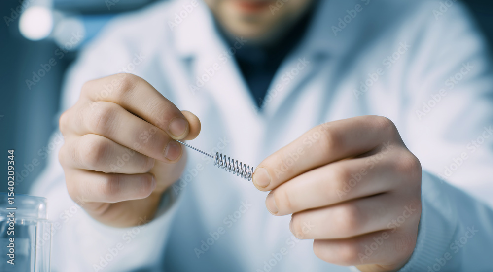 Poster A researcher in a lab setting examines a shape memory alloy, focusing on its adaptive properties. The work highlights advancements in material science, specifically in the transformation of metals.
