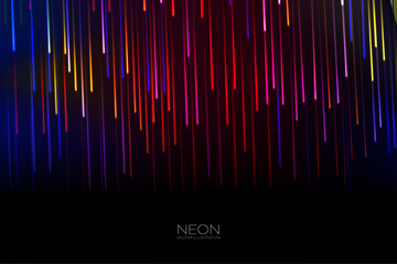 Abstract rain of neon lights, vibrant and glowing lines in a striking gradient on a black background. Cascade of vertical light strips in rainfall pattern. Digital cyber theme background. Vector.