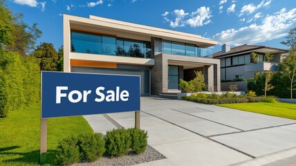 Fototapeta premium Modern estate available for sale with spacious yard and contemporary design in a desirable neighborhood