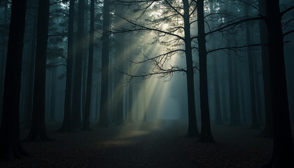 Obraz premium Sunbeams pierce a misty, dark forest, illuminating a path between tall trees.