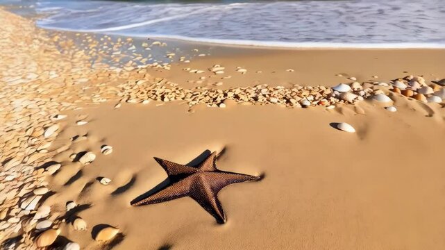 Seashells and pebbles line a sandy beach next to a gentle ocean wave on a sunny day offering a scenic coastal vista