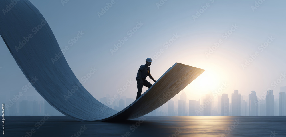 Poster a man wearing a helmet interacts with a large flexible material that waves like a ribbon, illustrati