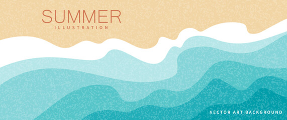 Abstract summer horizontal vector background with blue sea waves, beach sand and vector texture for cover, flyer, poster, banner, social media, ads. Vacation travel illustration. Promo ads template. © Maribor