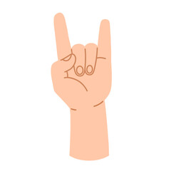 Sign of the horns is a hand gesture in a cartoon flat style isolated on a white background. Vector illustration.