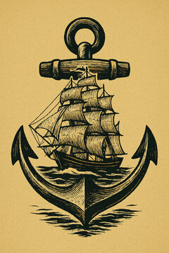 vector art of  vintage-style anchor with an old sailing ship illustration