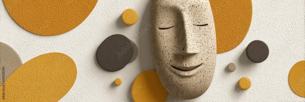 Aufkleber Smiling Clay Face Surrounded by Colorful Abstract Shapes in a Minimalistic Design Environment