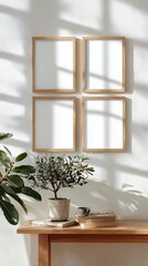 minimal scandinavian home interior wooden frames wall decor plants shadow sunlight natural light