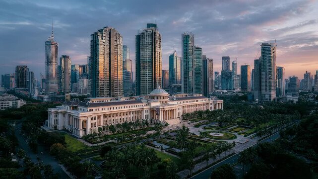 Panoramic skyline view of modern Makati City with grand palace at sunset, Manila