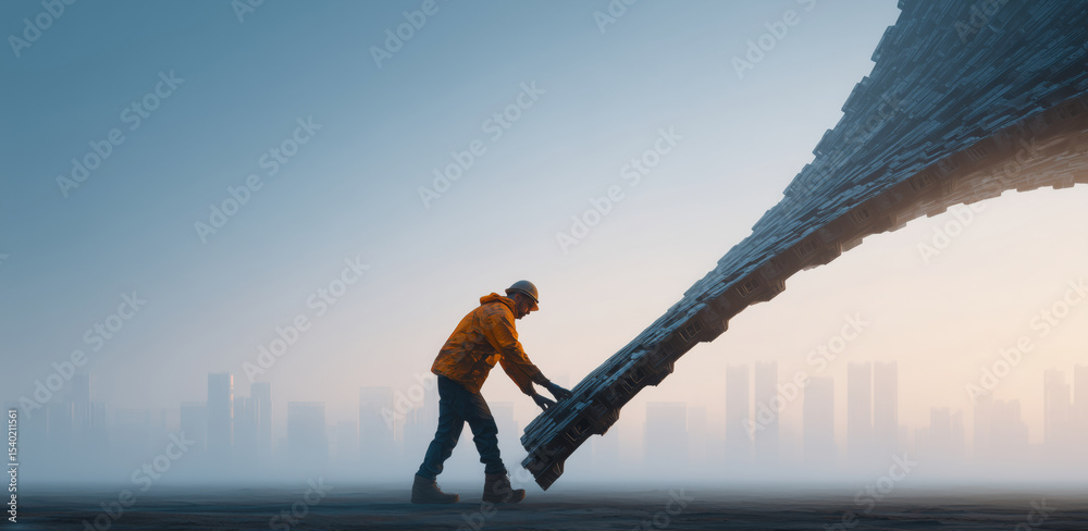 Poster A man in an orange jacket manipulates a large, adaptive structure made from shape memory alloys and liquid metal. The interaction occurs at dawn, with a city skyline subtly blurred in the background.