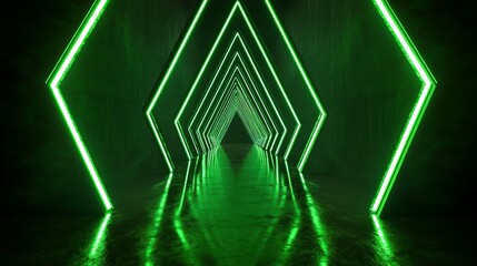 Abstract 3d background of green neon optical lines flowing directionally with motion blur effect, glowing light burst like fiber data stream and dynamic tech energy spectrum concept