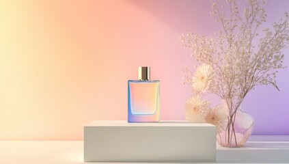 A perfume bottle on a white podium, surrounded by soft pastel colors and delicate flowers
