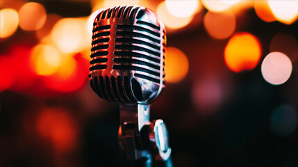 Vintage microphone with glowing sound wave symbolizing voice technology, set against dark background with copy space. Concept of audio innovation and communication.	