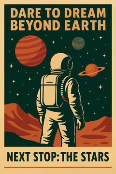 vector art of Astronaut on red terrain looking at deep space with vintage flair illustration
