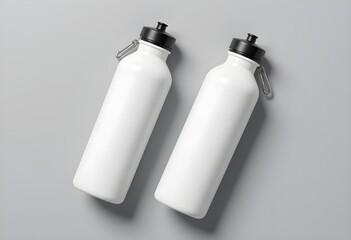 Minimalist White Water Bottles with Black Caps and Silver Carabiners on Gray Background